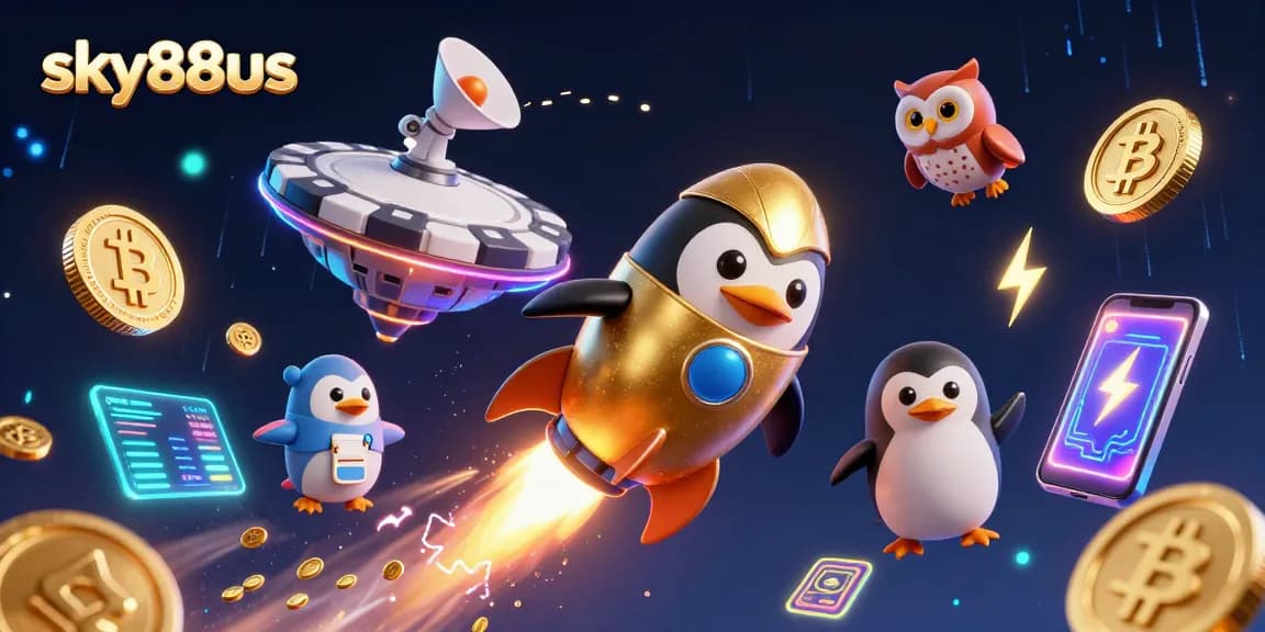 Experience the excitement of sky88us as a golden penguin navigates a cosmic casino.