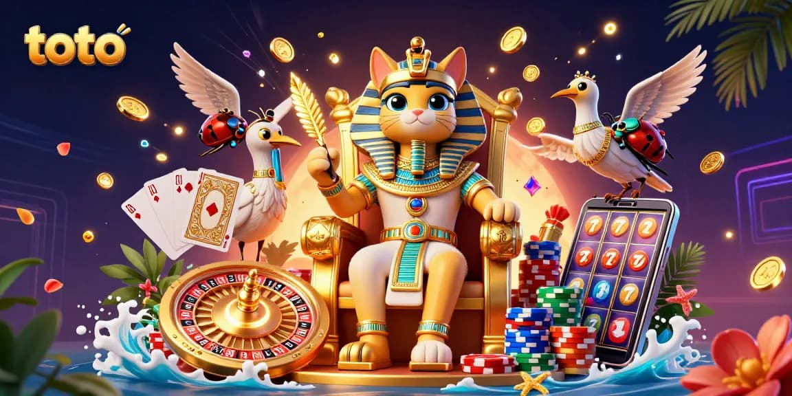 Experience exciting toto gaming with a 3D pharaoh cat, roulette, and golden gems.