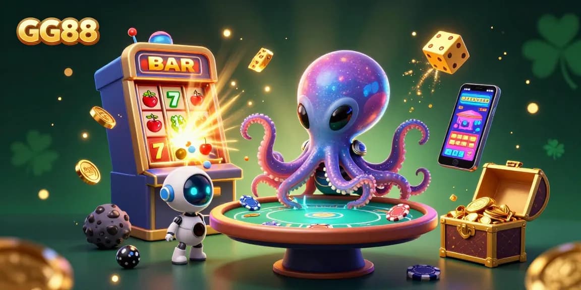 Engage in captivating gameplay at GG88 with vibrant scenes of an alien octopus and vibrant casino elements.