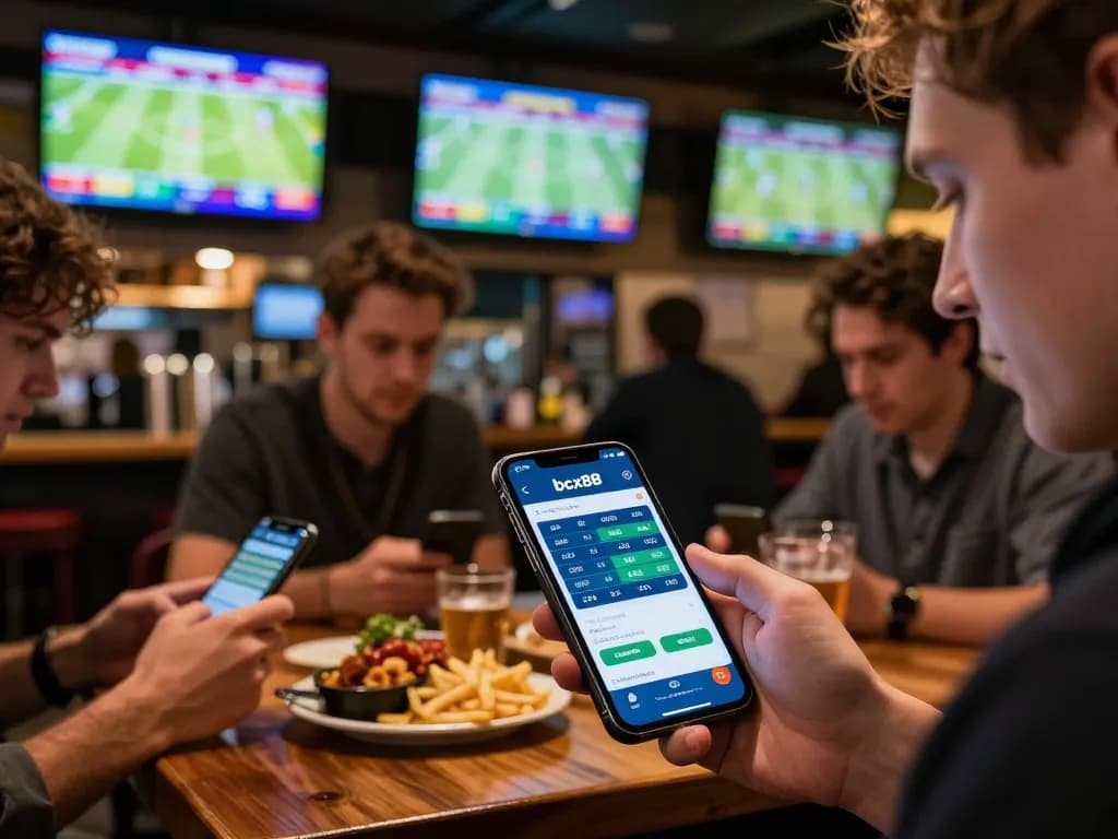 Patrons excitedly using bcx88 app to place bets during live sports matches in vibrant bar.