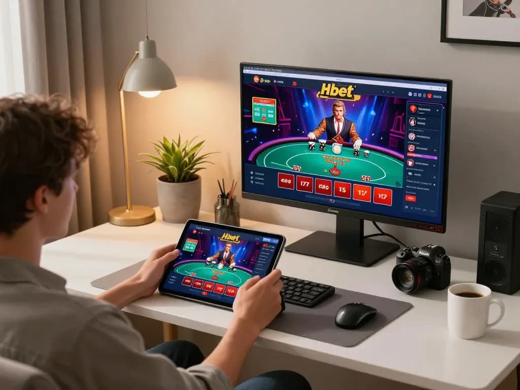 Person engages with Hbet gaming on a tablet, enjoying a comfortable online casino experience.