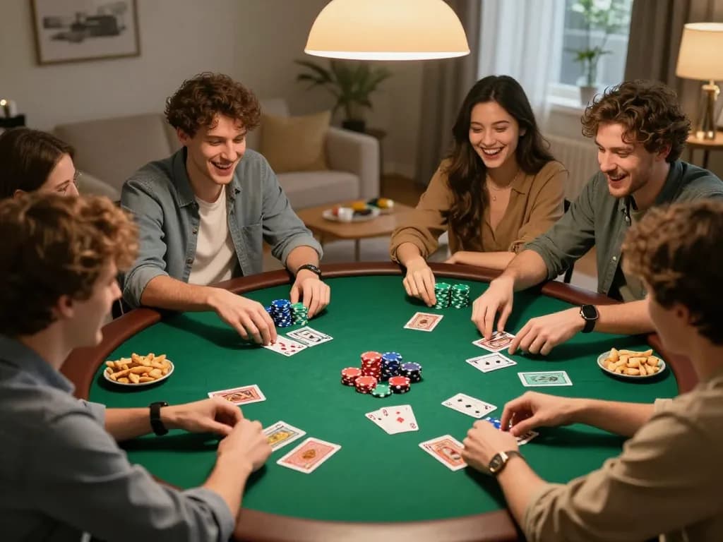 Friends enjoying a poker game night at home with Ai88bet, vibrant chips and cards visible.