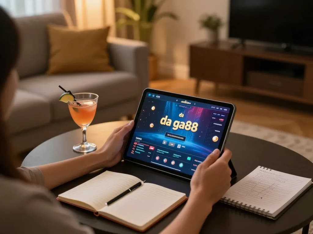 User enjoying an engaging live gaming session with da ga88 on a tablet, revealing strategic planning and a cozy atmosphere.