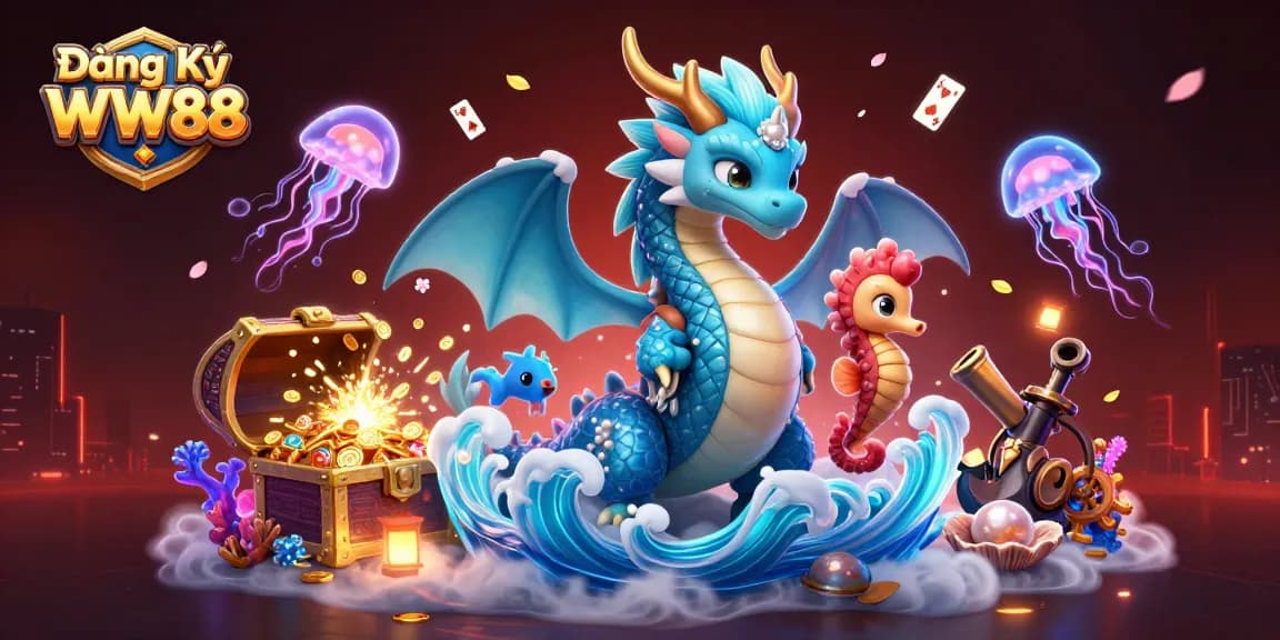 Experience the thrill of Đăng Ký WW88 with vibrant underwater casino dynamics featuring a majestic dragon and seahorse knight.