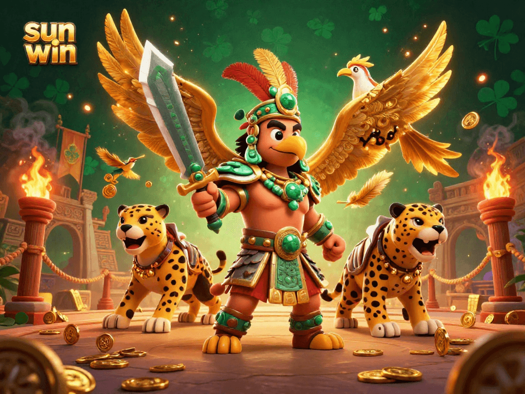 Experience the thrill of sun win with 3D Aztec warriors and vibrant casino elements.