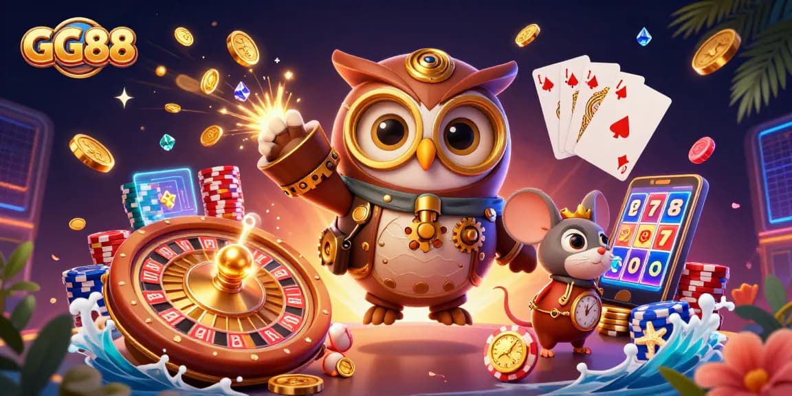 Win big with GG88 in a richly packed 3D casino world illustration filled with exciting gaming elements.