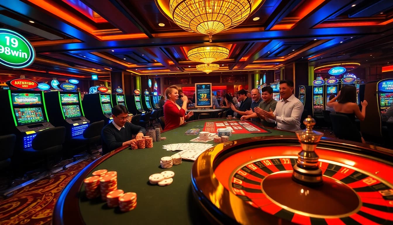 Players engaging in thrilling casino games at 98win, showcasing poker chips and cards in an exciting environment.