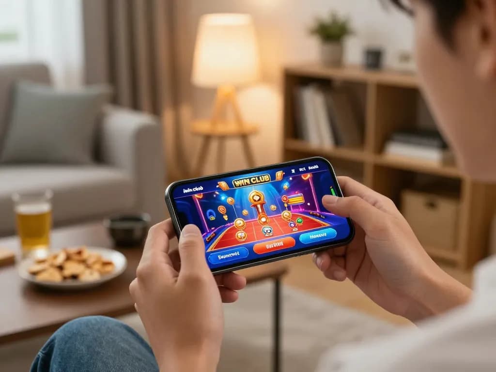 Playing poker on the iwin club mobile app in a cozy living room setting.