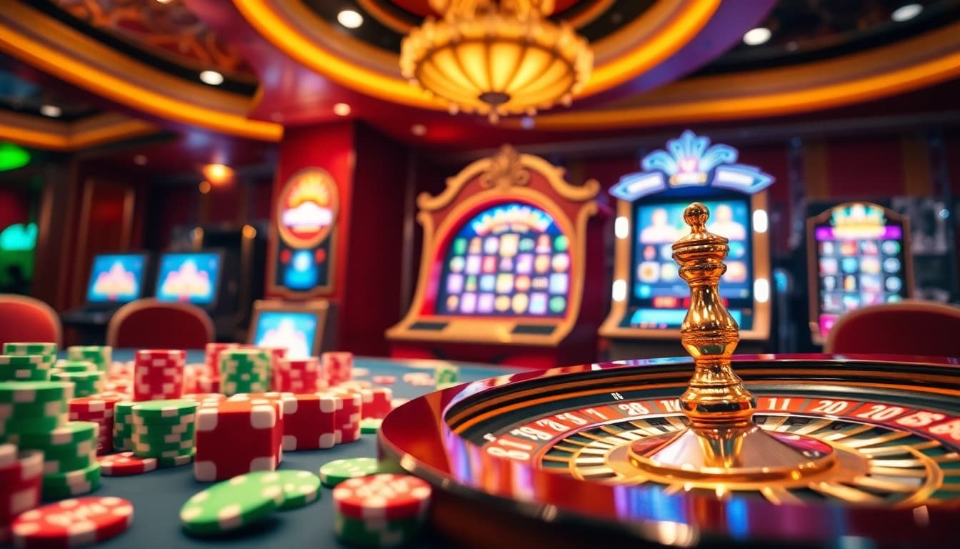 Exciting gambling scene featuring a poker table with chips and roulette wheel at abcvip.baby.