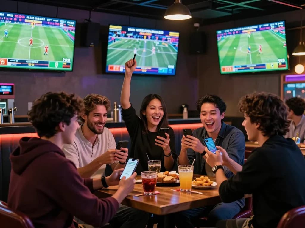Patrons experiencing dynamic sports betting at F8BET, featuring multiple screens and smartphones.