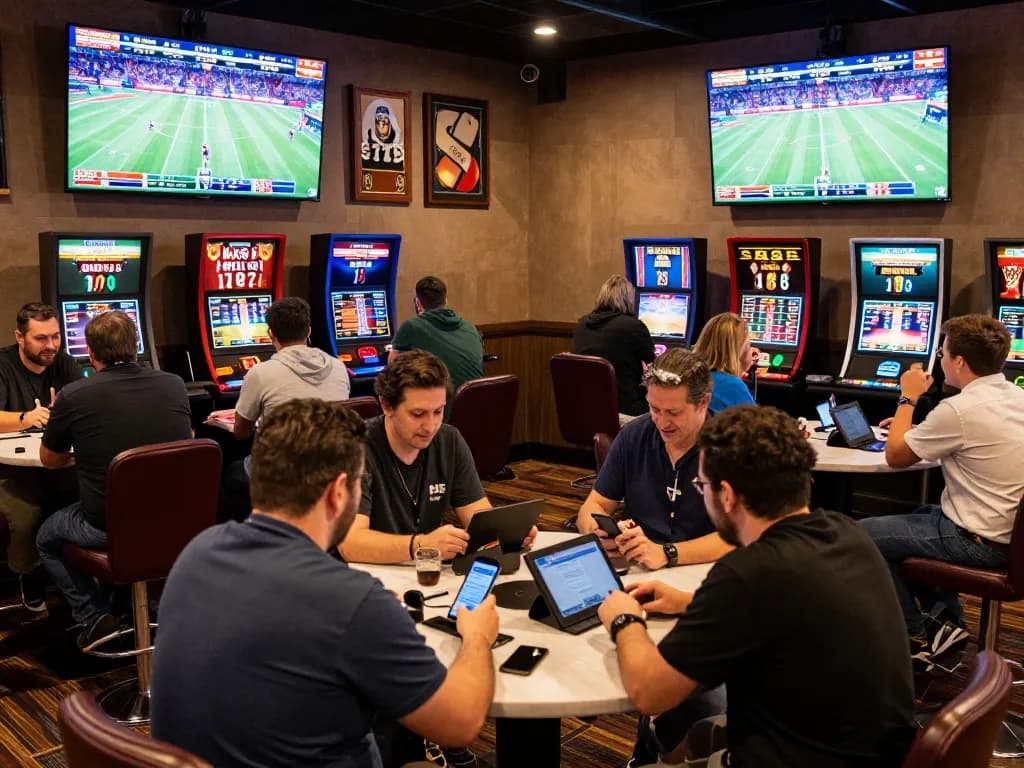 Engaged bettors using FC88 sports betting app in a vibrant casino setting during an event.