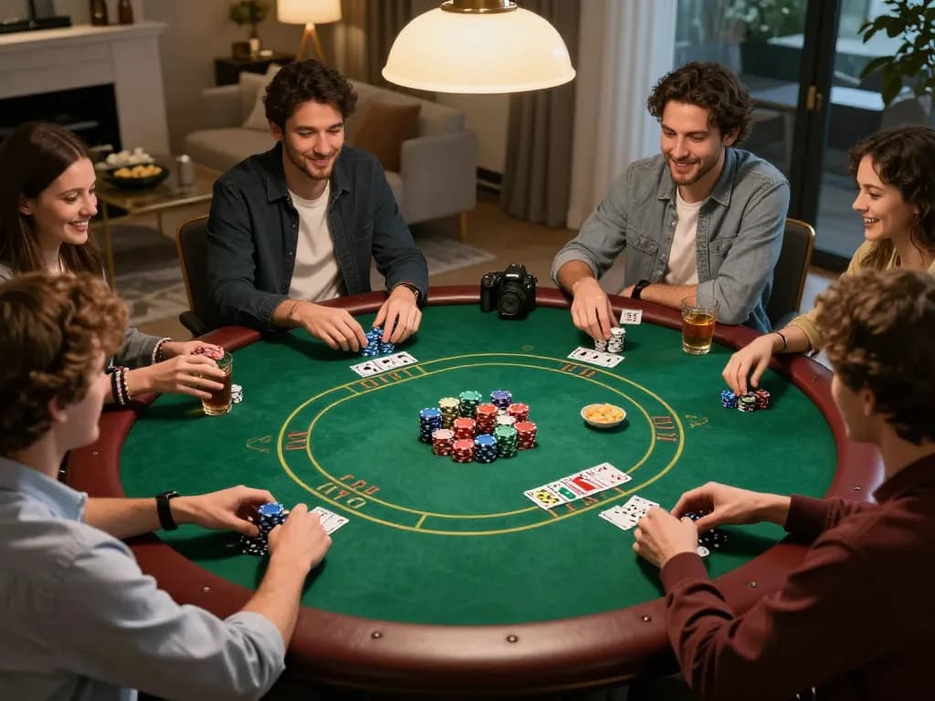 Friends enjoying poker night at home with 888VI chips and cards laid out on the table.