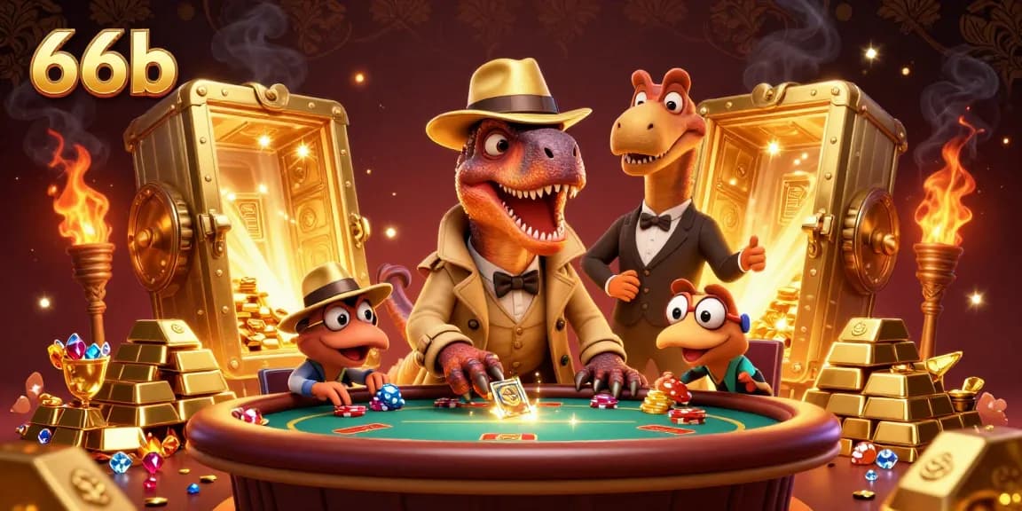 Engage with the vibrant 66b poker scene featuring animated characters, thrilling chip action, and golden treasures.