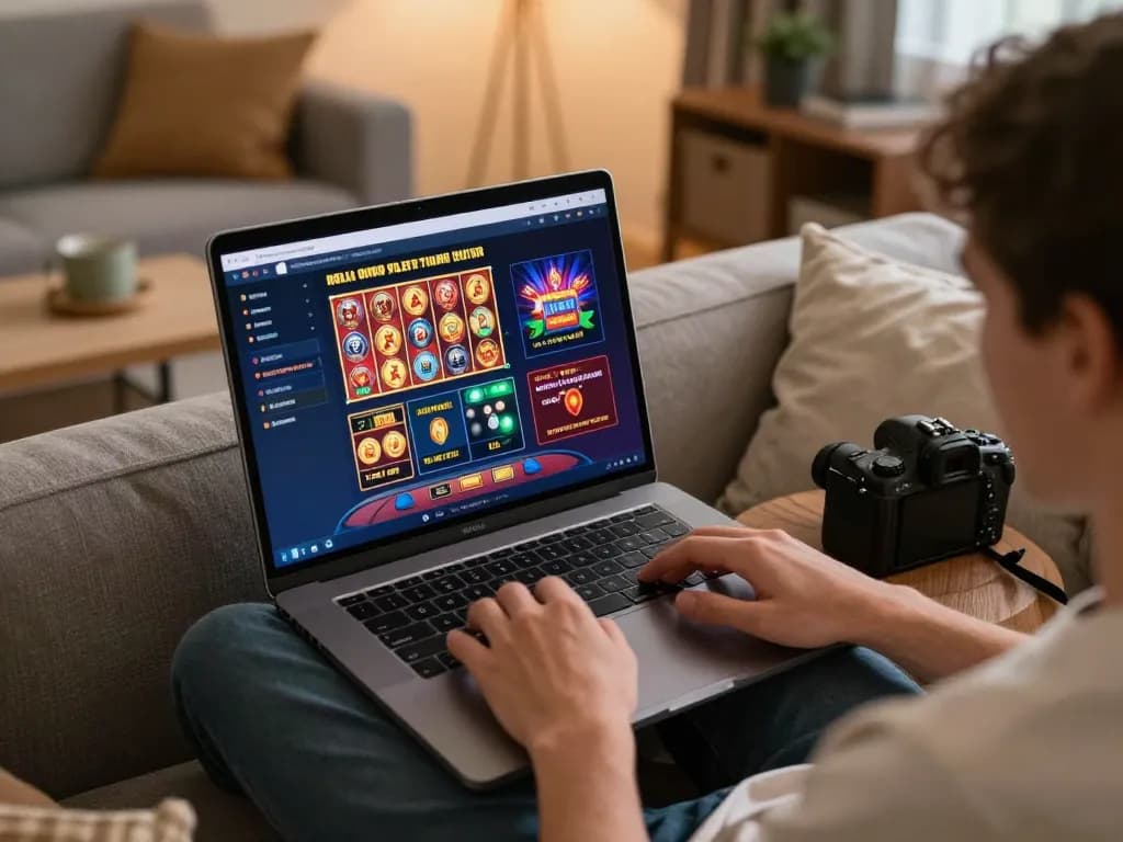 Engaging with F8BET online casino on laptop at home for a strategic gaming experience