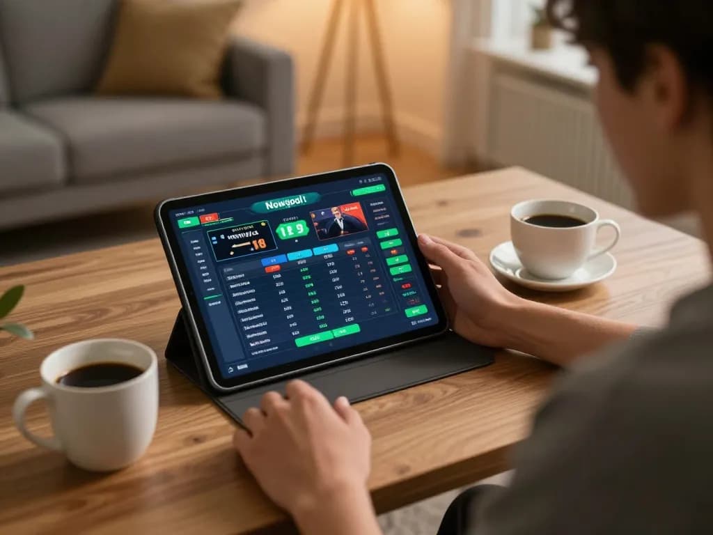 Strategizing sports bets with nowgoal on a tablet in a cozy home office.