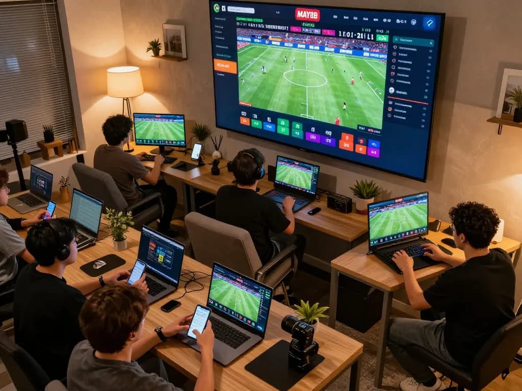 MAY88 users engaging with live sports betting on multiple screens, displaying vibrant odds and real-time updates.