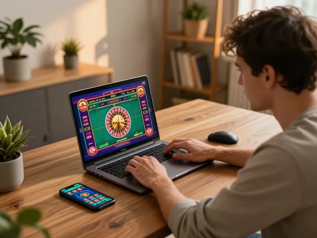 Engaging online gambling experience at lu88 with player immersed in roulette game on laptop.