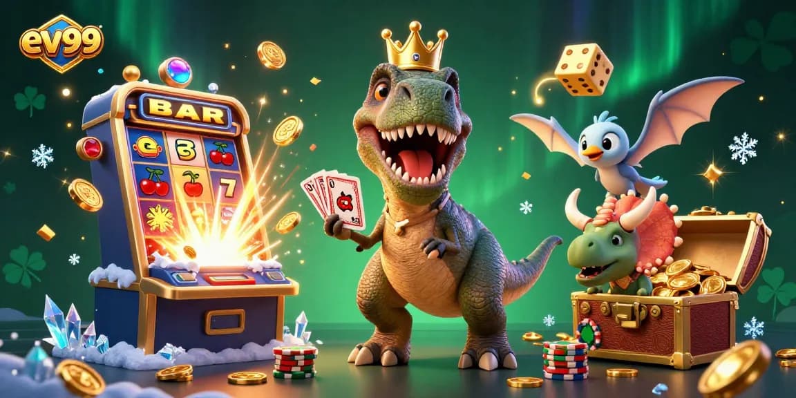 ev99 showcases a vibrant 3D scene of a T-Rex and friends enjoying casino-themed fun, symbolizing excitement and winnings.