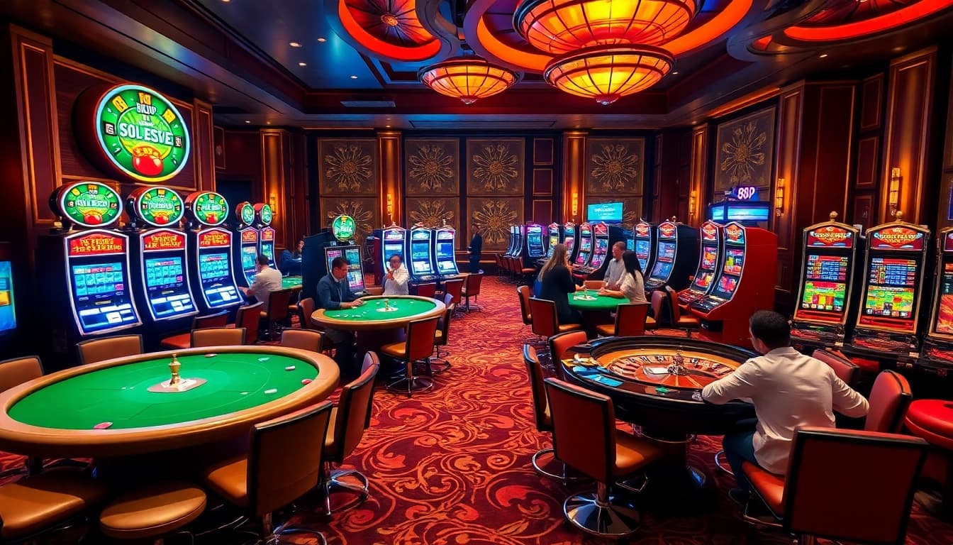 Exciting casino scene at 888P with vibrant slot machines and poker games.
