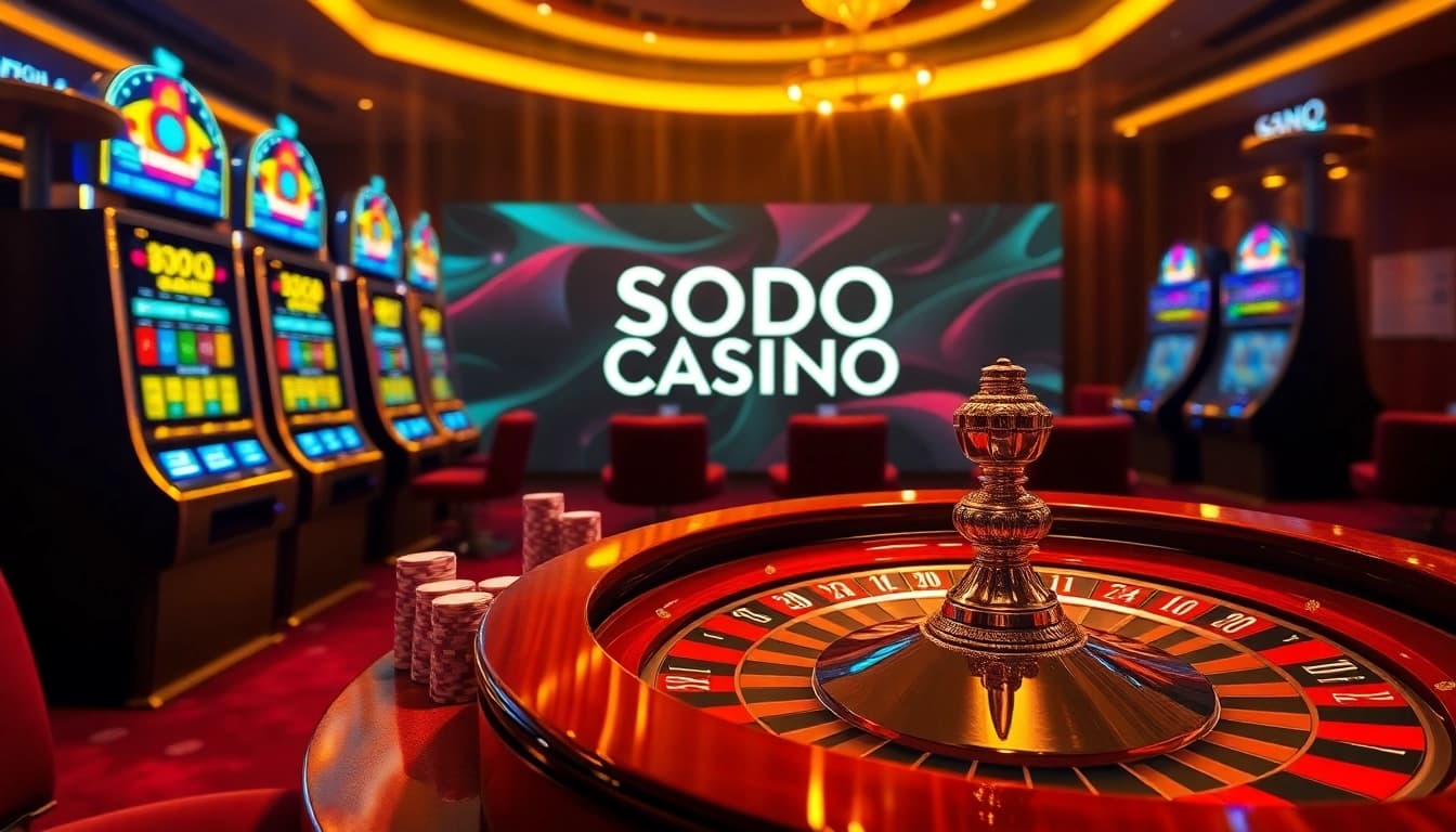 SODO CASINO showcasing exciting slot machines and poker activities in a luxurious setting.