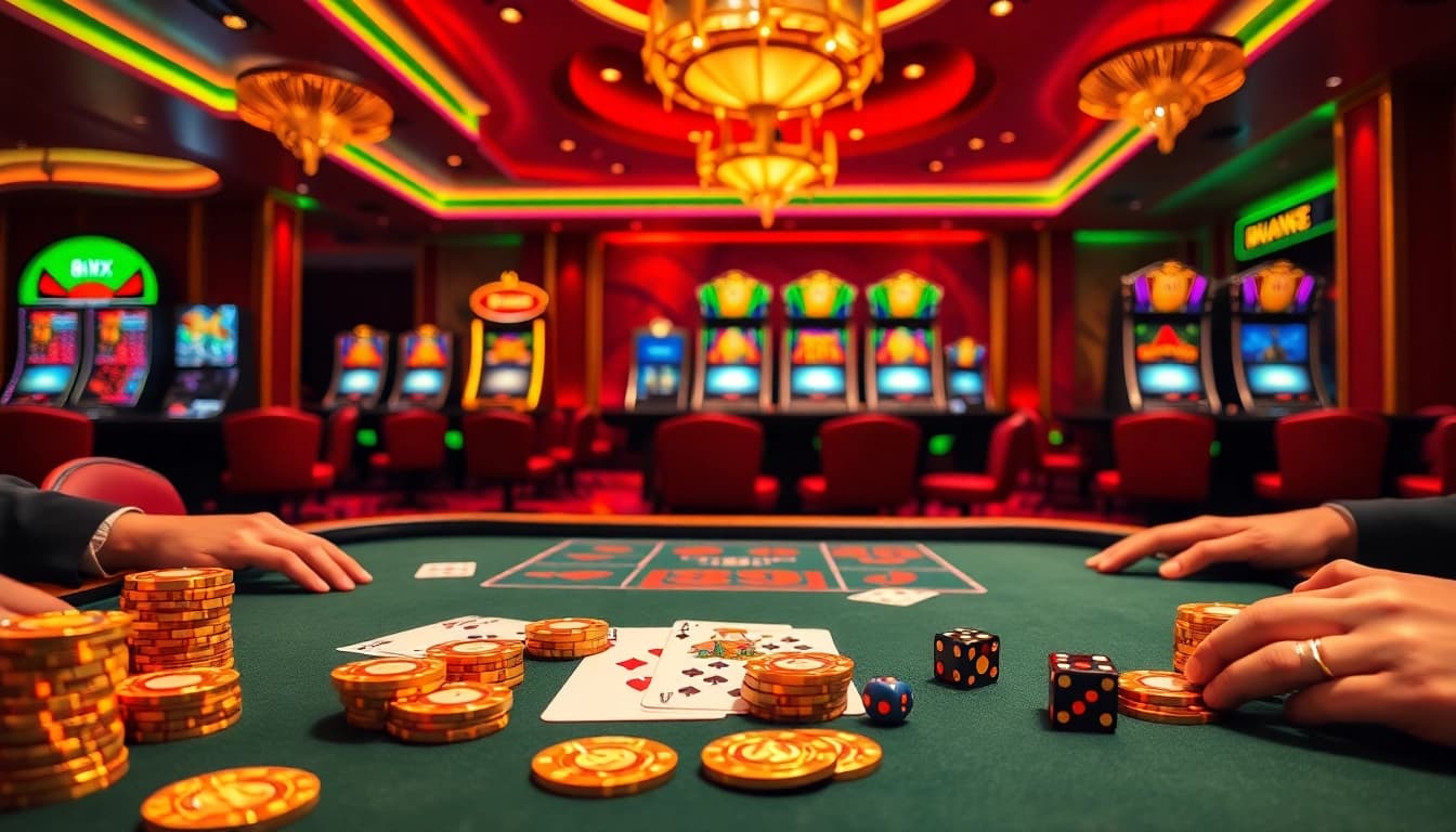 Engaging scene of casino gaming with 8XX-themed elements, showcasing vibrant tables, cards, and chips.