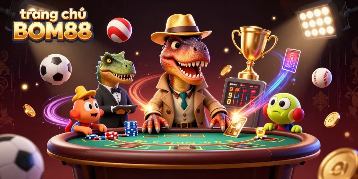 Engage with exciting games on trang chủ BOM88 with a lively scene of gambling characters and dynamic elements.
