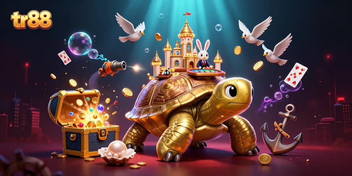 Experience the excitement of tr88 with a vivid illustration featuring a golden tortoise casino and a rabbit dealer.