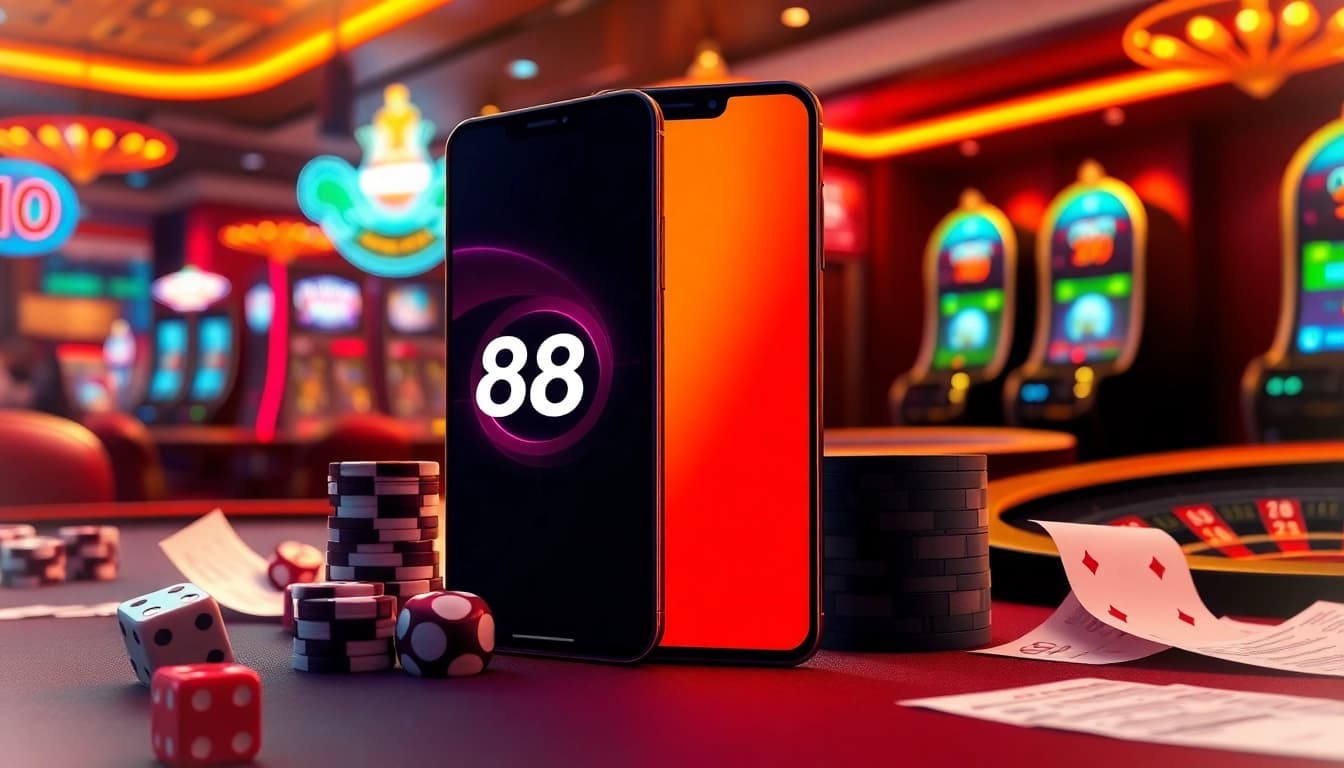 Tải App Nhà Cái 68VIP on a smartphone with vibrant casino elements like poker chips and dice.