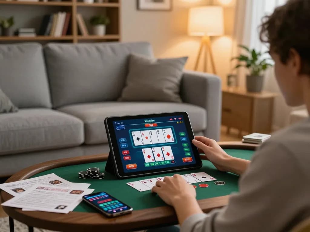 Player engaging in online gambling on VMAX tablet app in cozy home setting, showcasing vibrant game interface and strategy notes.
