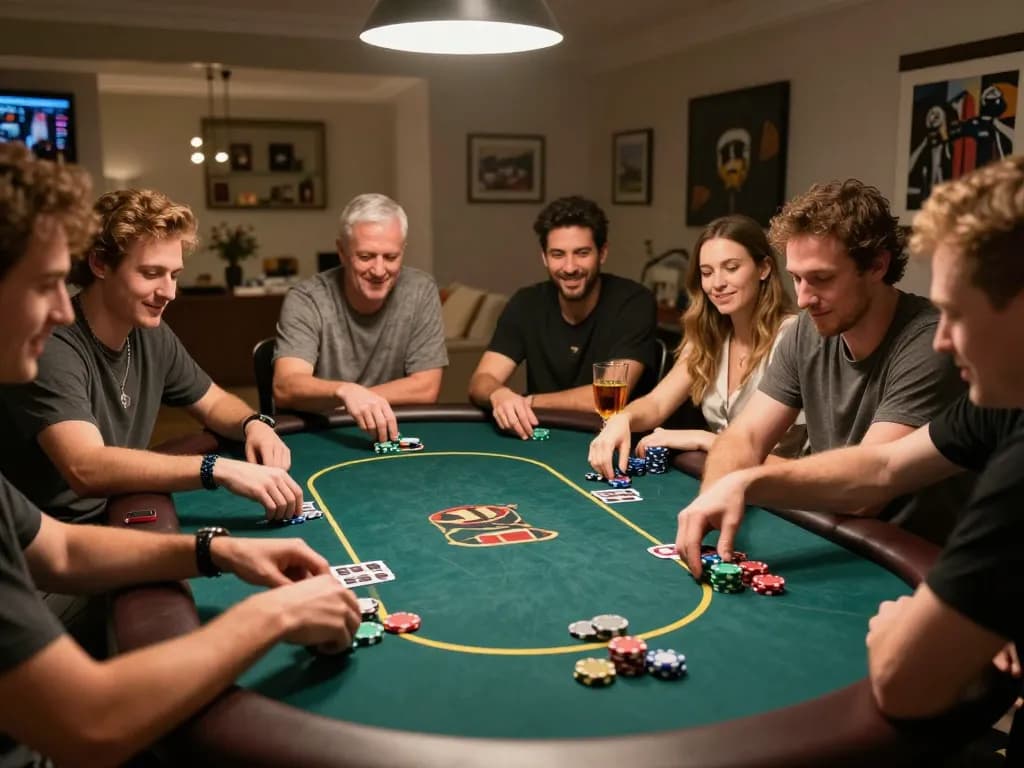 Friends engaging in a lively poker game at home, showcasing strategic plays and camaraderie with du88 chips