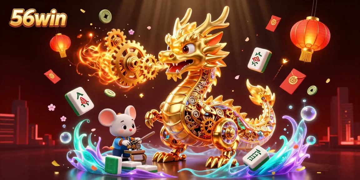 Engage in the thrilling atmosphere of 56win with a mechanical dragon showcasing golden cogs and exciting game elements.