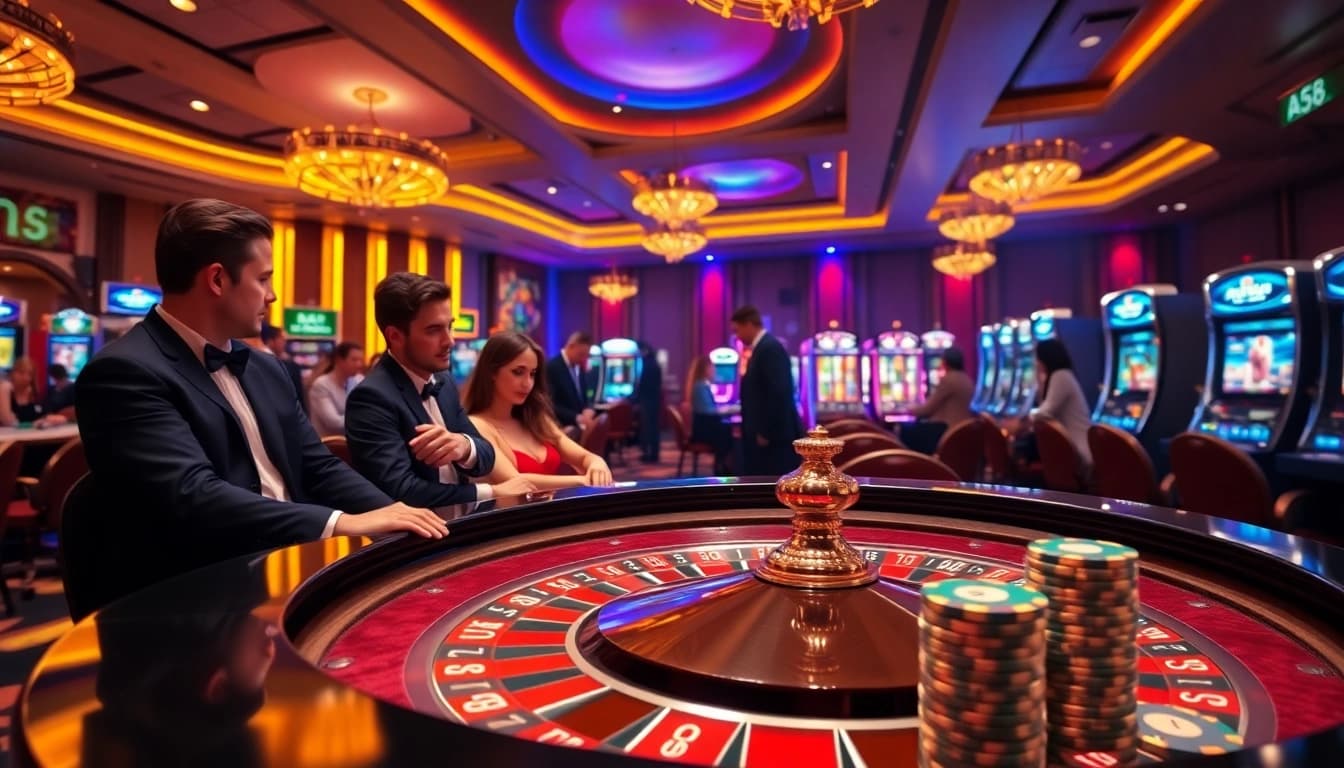 Players enjoying games at ABC8 casino with roulette and poker chips.