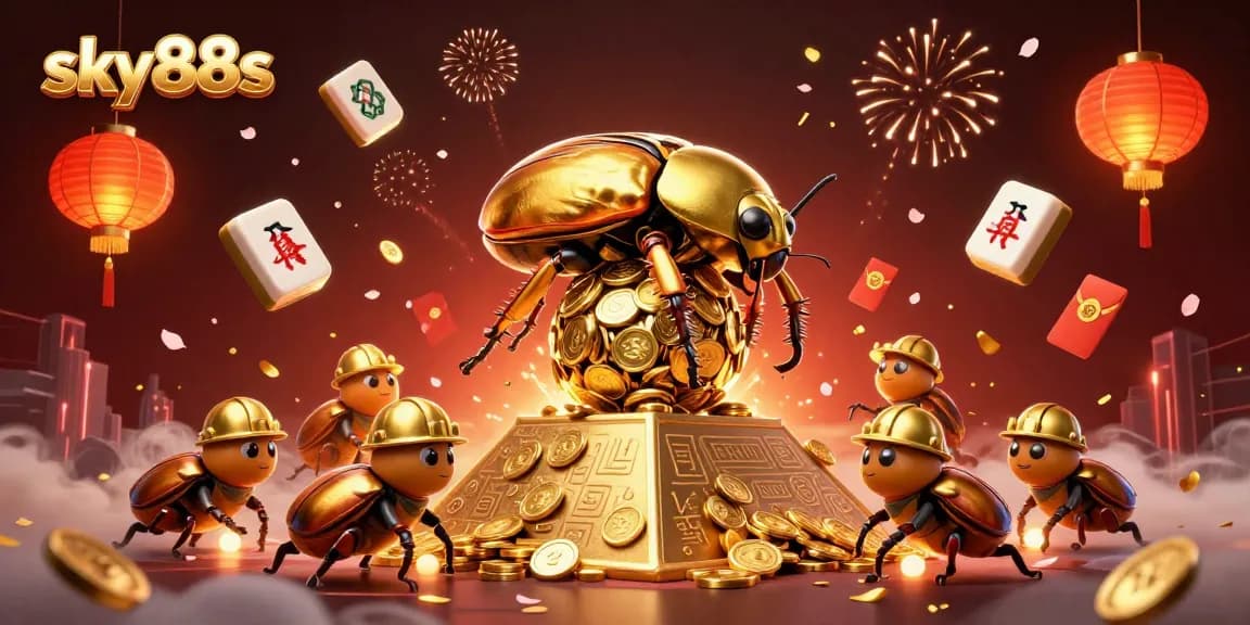 Engage in exhilarating action at sky88s as cartoon beetles roll gold coins in a vibrant casino-themed setting.