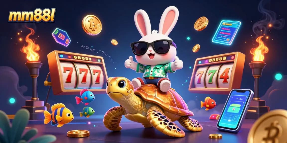 Spin the reels and win with mm88l in a vibrant, colorful casino illustration.
