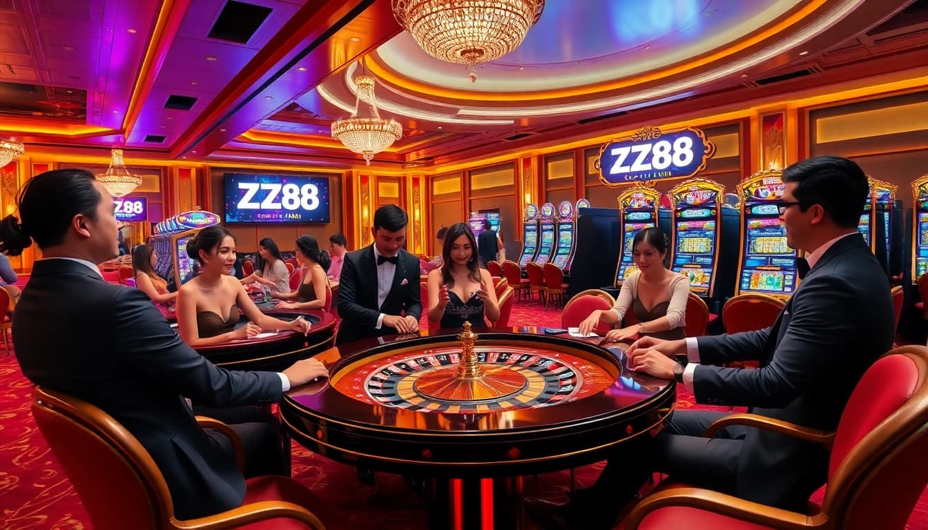 Players engaging in thrilling casino moments at ZX88, accentuating excitement and luxury.