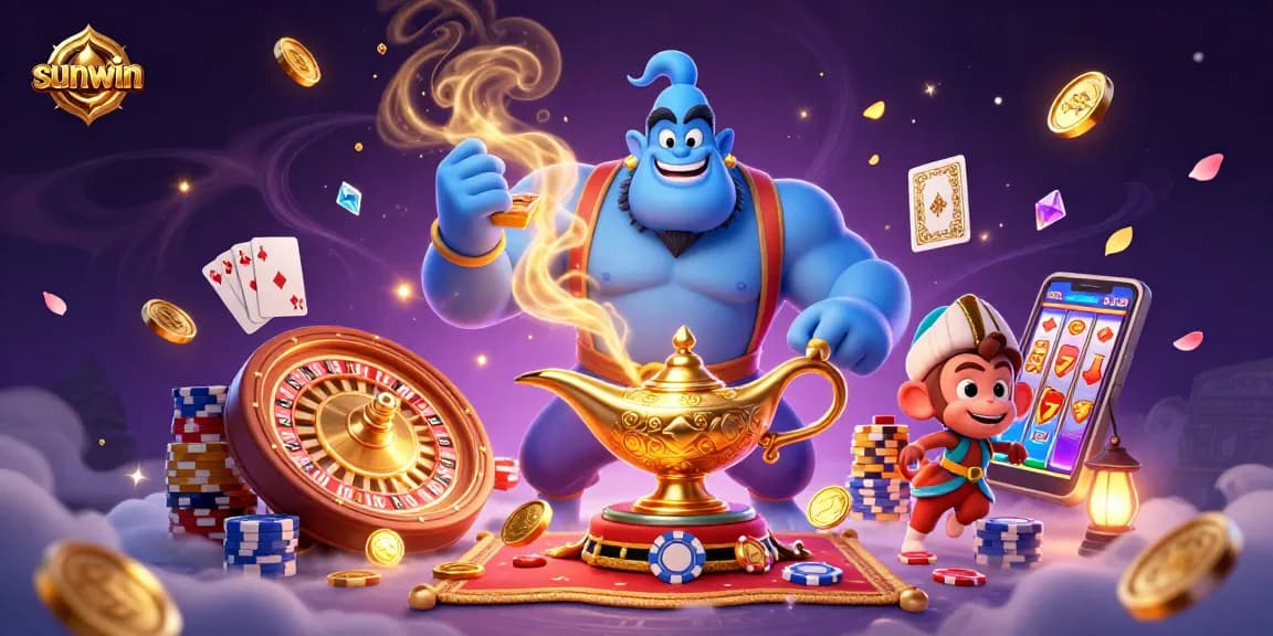 Win big with sunwin! Experience casino thrills featuring a genie, flying poker chips, and vibrant game elements.