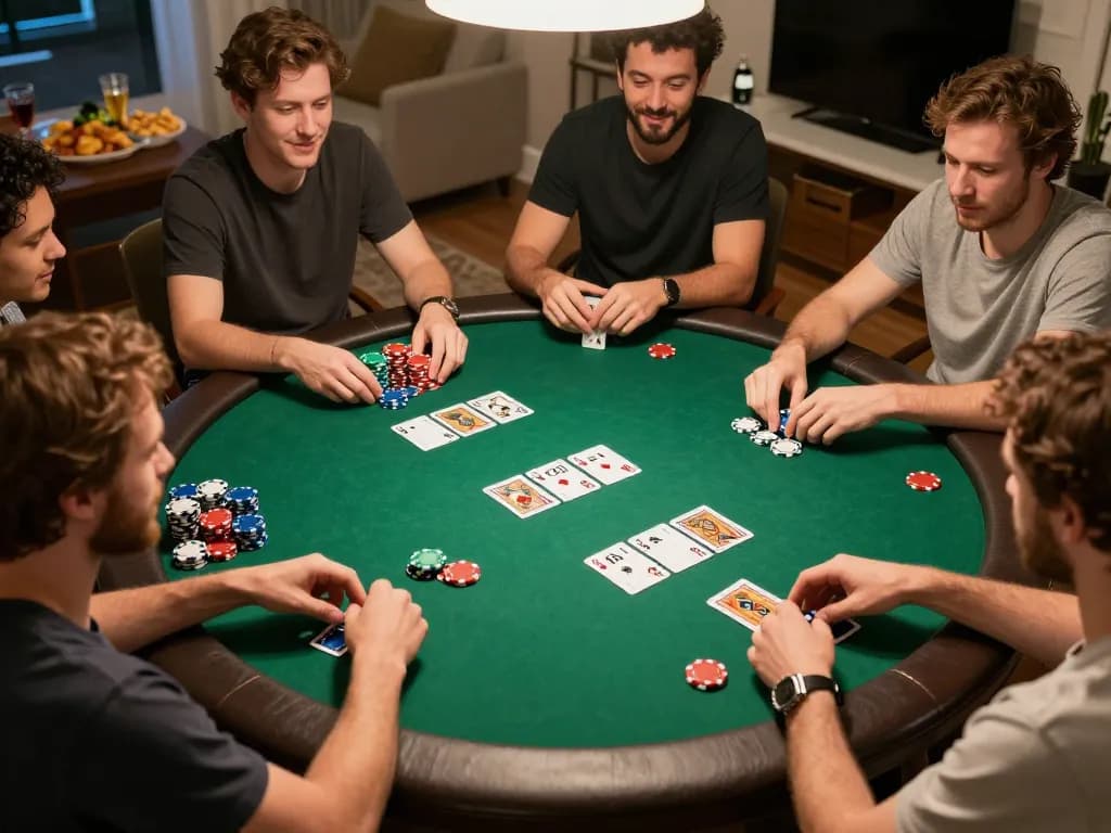 Go8 players enjoying a vibrant poker night in a cozy home setting, dynamic gameplay and social interaction.
