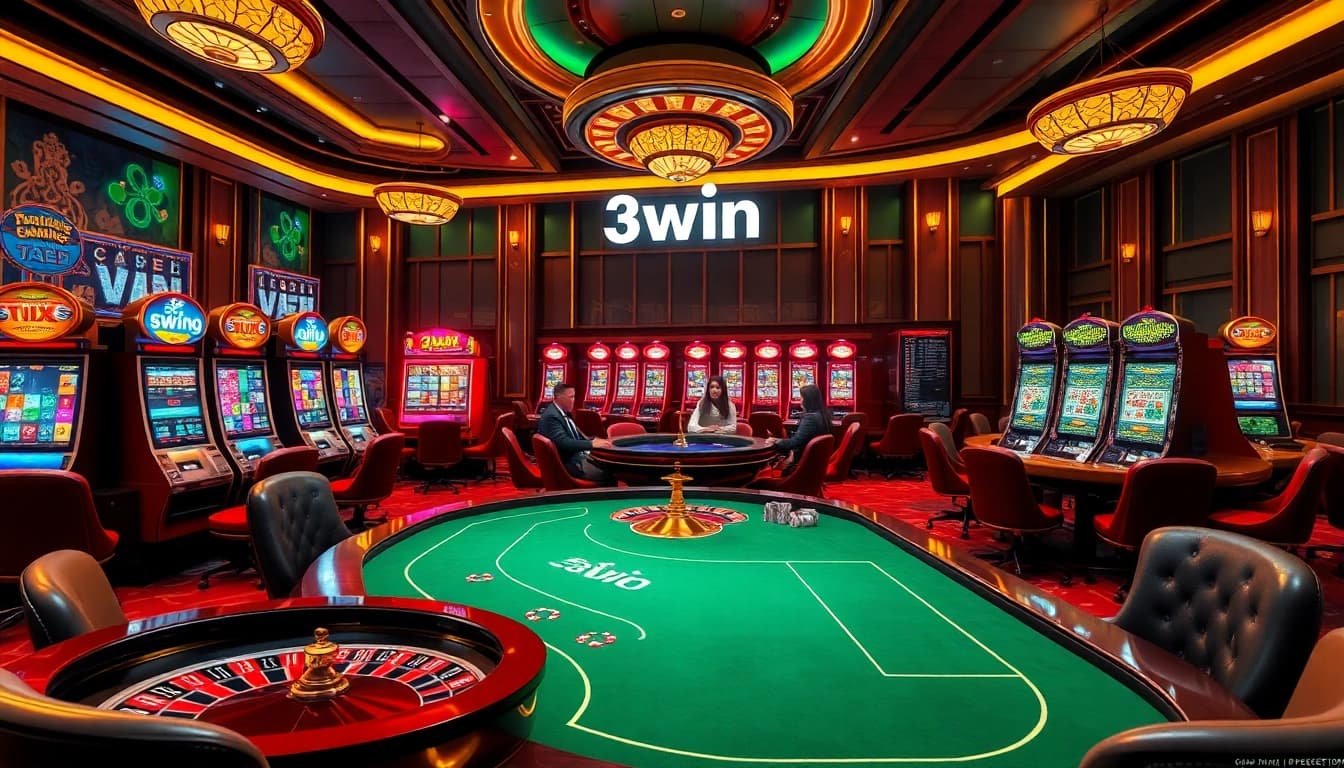 Experience 3win's thrilling casino ambiance with players and vibrant slot machines.