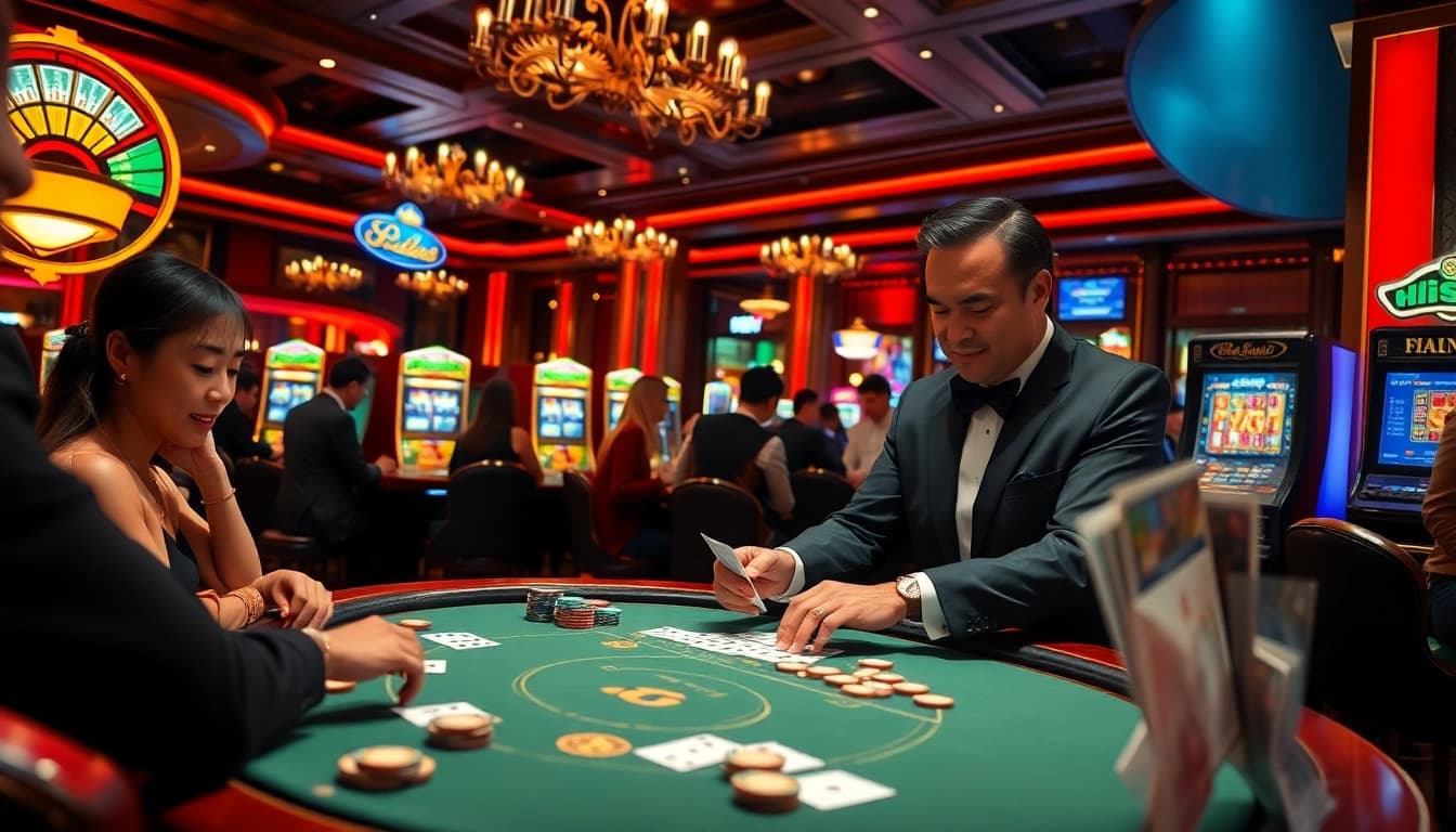 Exciting card game scene at the trang chủ go8 casino, showcasing glamorous players and vibrant slot machines.
