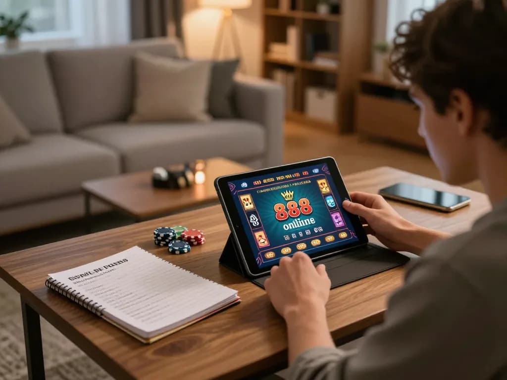 Person engaging with king 88 online casino on tablet in cozy home setting