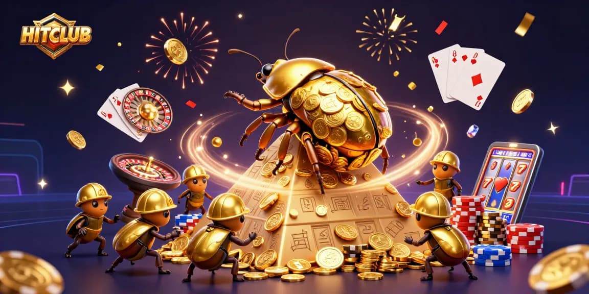 Engage with HITCLUB's vibrant 3D casino scene featuring golden beetles and dynamic casino symbols.