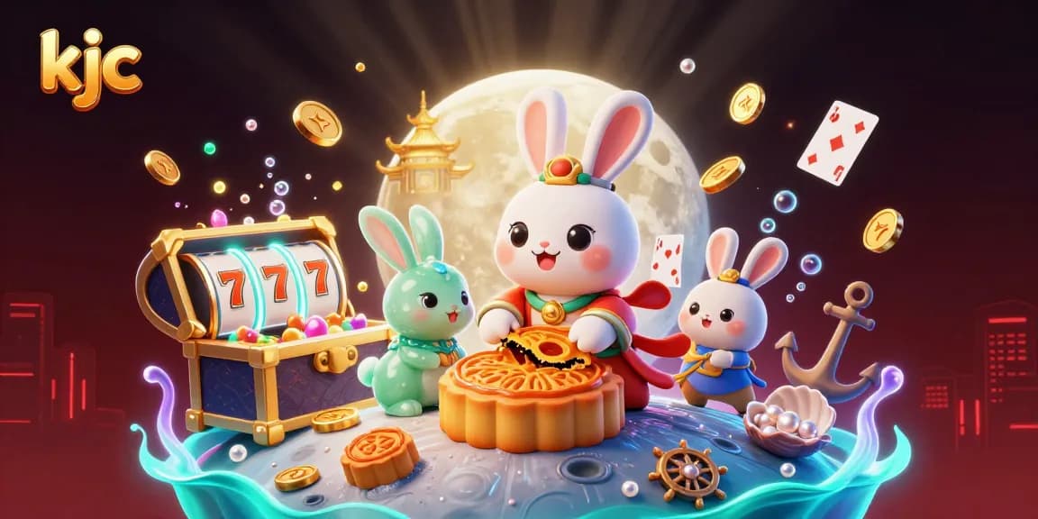 KJC combines playful elements with poker chips and moon rabbits in a vibrant online casino action scene.
