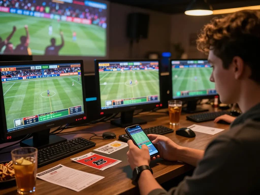 Placing live bets on FABET during a thrilling sports event, smartphone in hand.