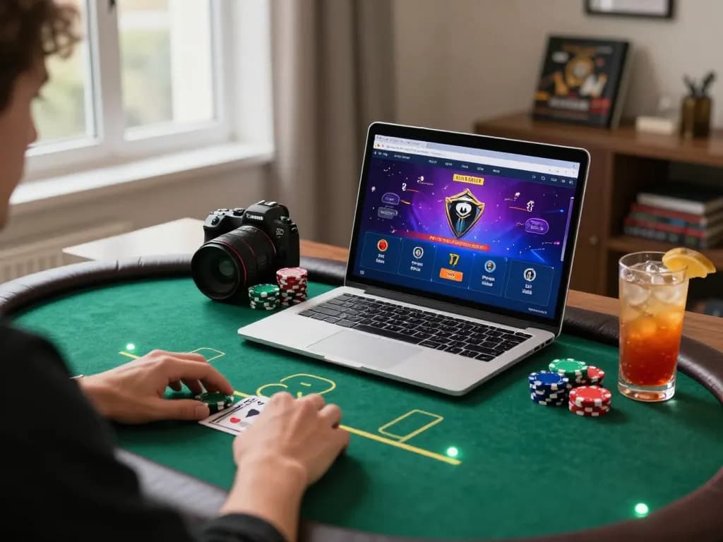 Engaging in strategic online poker at BL555 with colorful chips and strategy books.