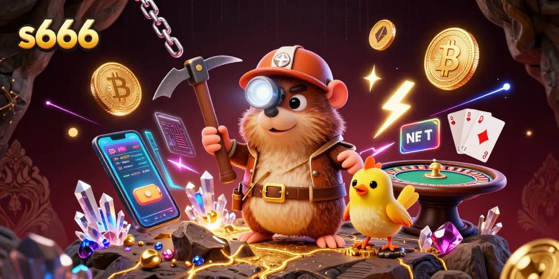 S666 captures exciting casino thrills with a treasure hunter mole in a mining scene filled with cryptocurrency elements.