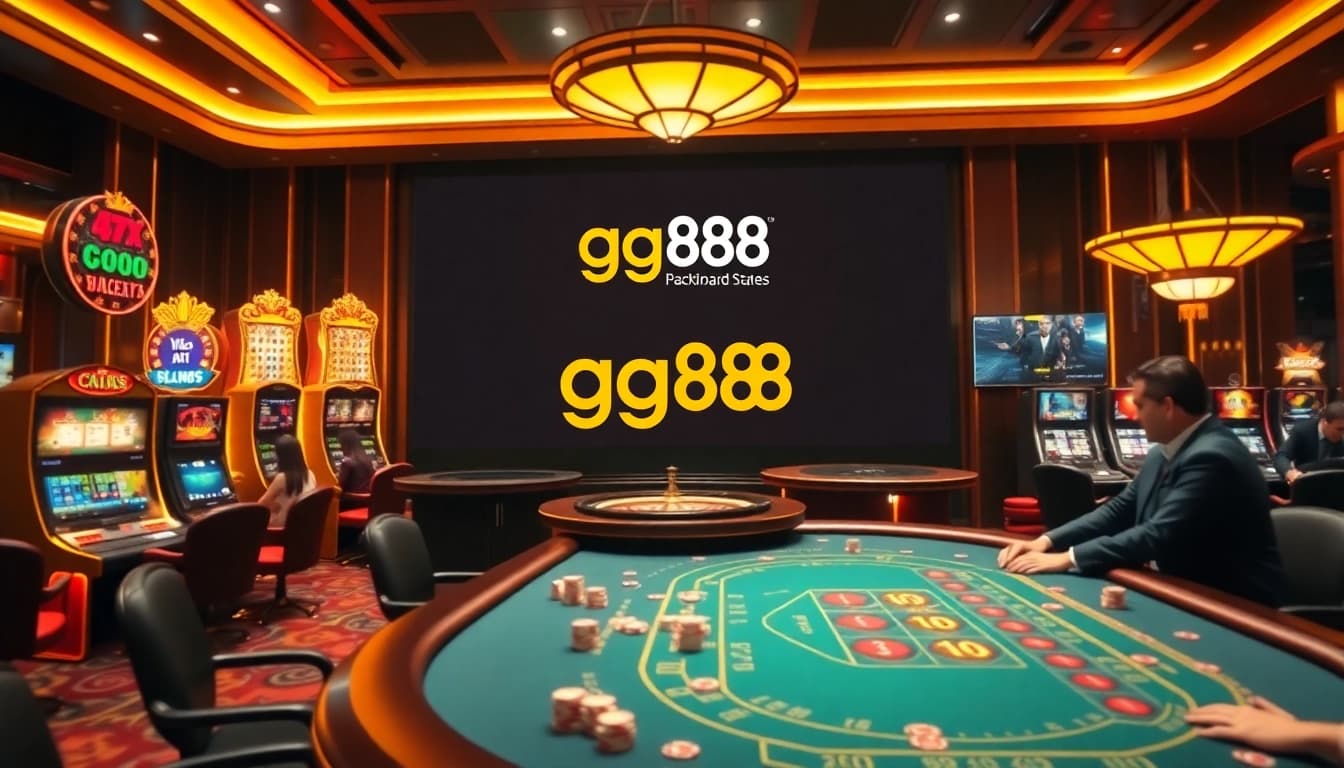 Players enjoying an exciting game of baccarat at a luxurious gg88 casino table with vibrant slots in the background.
