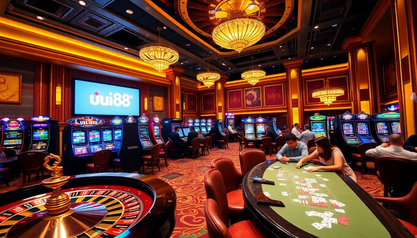 Engaged players enjoy a thrilling moment at uu88 casino with roulette and slot machines.