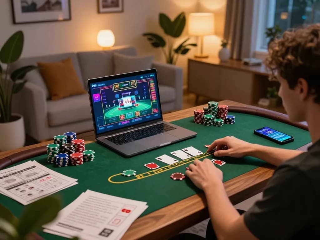 Player engaging with luck8mb blackjack game at home, showcasing strategic gaming atmosphere