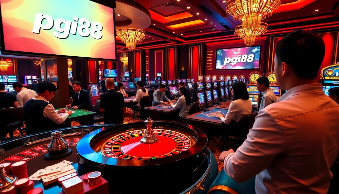 Exciting pg88 online gambling scene featuring roulette, poker chips, and engaged players.