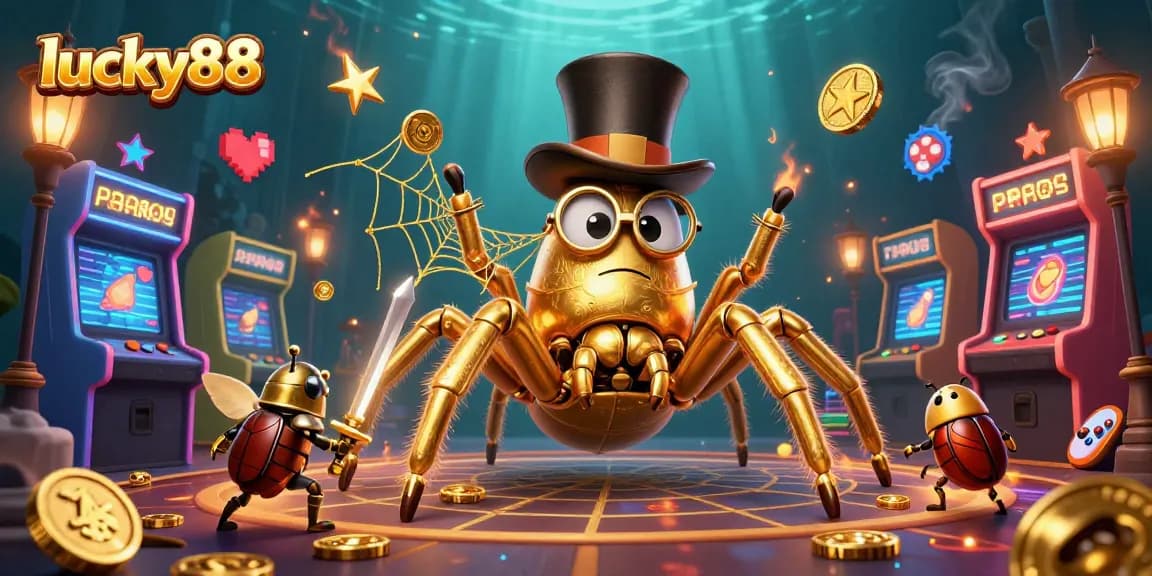 Engage with lucky88 through a vibrant 3D casino illustration featuring a golden tarantula and beetle knight.